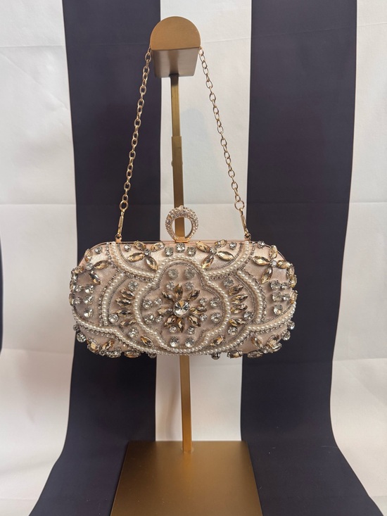 Handbags - Beaded Pearl-Embellished Evening Clutch in Champagne